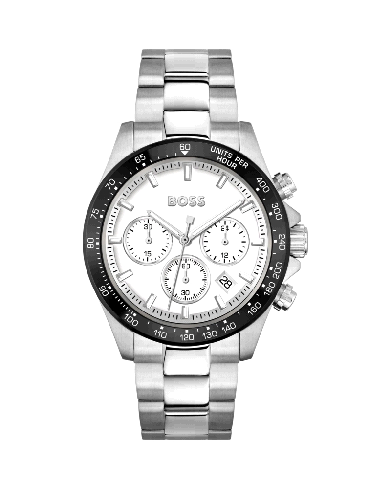 Diseño deportivo y sofisticado en acero inoxidable. Caja de 44 mm, esfera blanca con cronógrafo, bisel taquimétrico y correa met