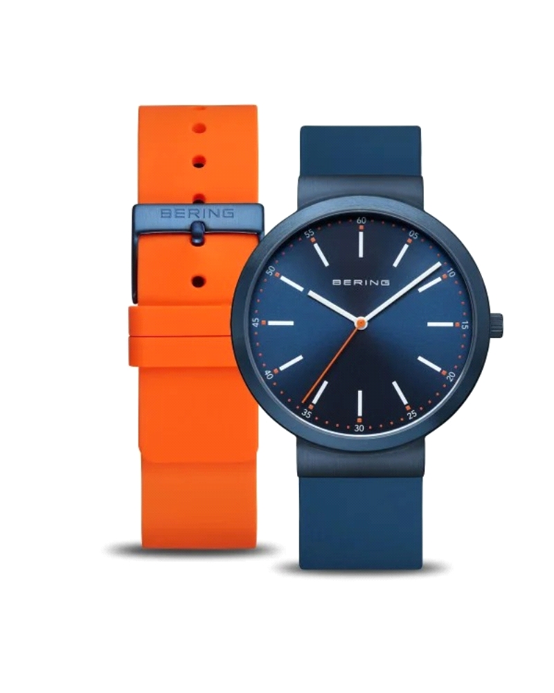 Reloj Bering 10141-397 Estilo moderno con caja de acero inoxidable azul de 41 mm y grosor de 8 mm. Esfera azul tipo sunray con c