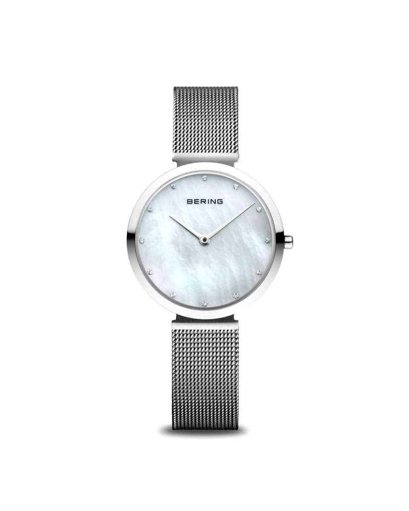 Reloj Bering 18132-004 Diseño elegante con caja de acero inoxidable de 32 mm en acabado plateado pulido. Esfera de madreperla bl