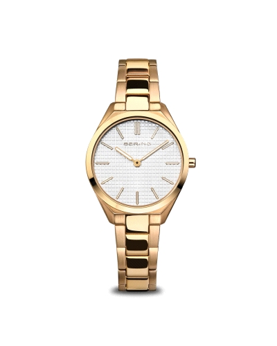 Reloj Bering Ultra Slim 17231-734 Diseño elegante con caja de acero inoxidable de 31 mm en acabado dorado pulido y cepillado. Es