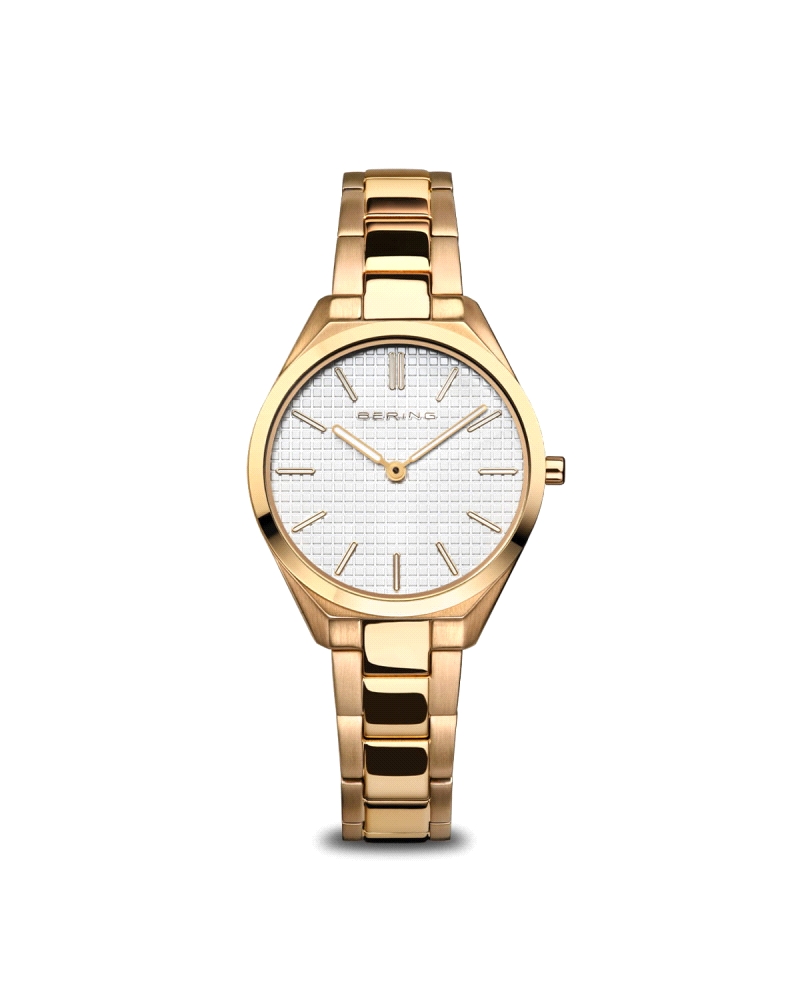 Reloj Bering Ultra Slim 17231-734 Diseño elegante con caja de acero inoxidable de 31 mm en acabado dorado pulido y cepillado. Es