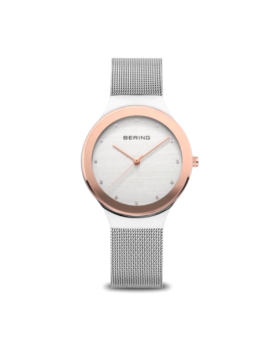 Reloj Bering Classic 12934-060 Diseño femenino elegante: caja de acero inoxidable de 34 mm en acabado plata con detalles en oro 