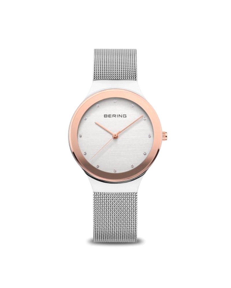 Reloj Bering Classic 12934-060 Diseño femenino elegante: caja de acero inoxidable de 34 mm en acabado plata con detalles en oro 